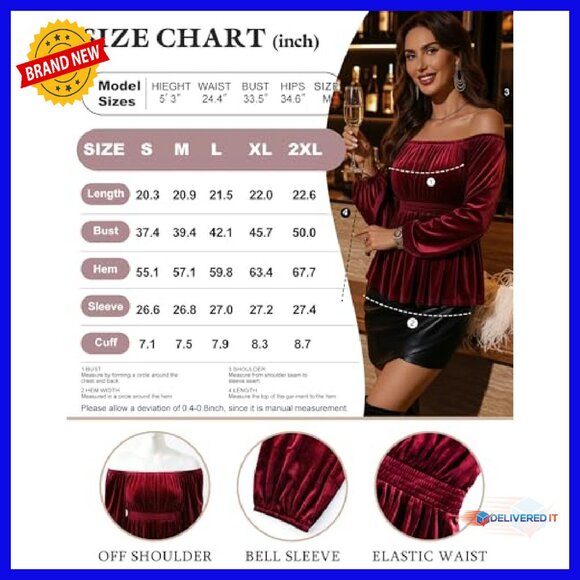 Velvet Off Shoulder Peplum Blouse Long Sleeve Elegant Evening Top - Picture 7 of 8